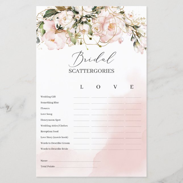 Blush Pink Floral Bridal Scattergories Game Boho (Frente)