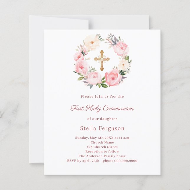 Blush pink floral cross First Communion invitation (Frente)
