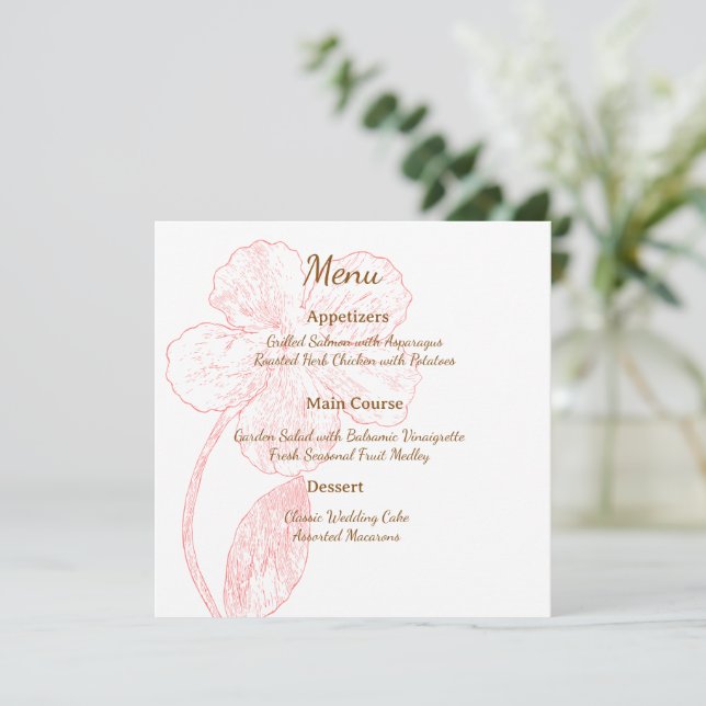 Blush Pink Floral Line Art Wedding Menu Card (Em pé/Frente)