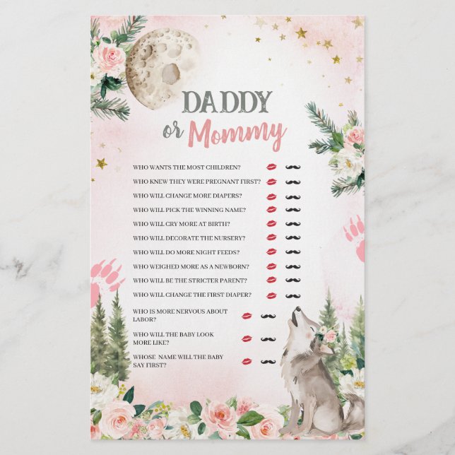 Blush Pink Floral Moon Wolf Daddy or Mommy Games (Frente)