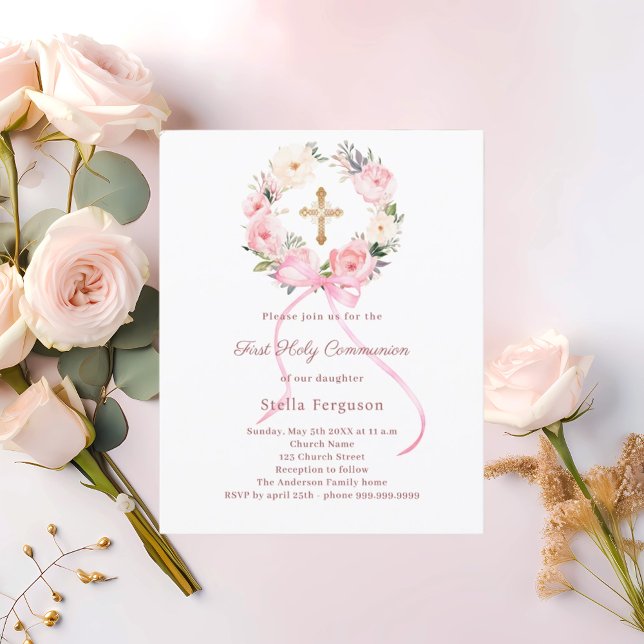 Blush pink florals bow First Communion invitation (Criador carregado)