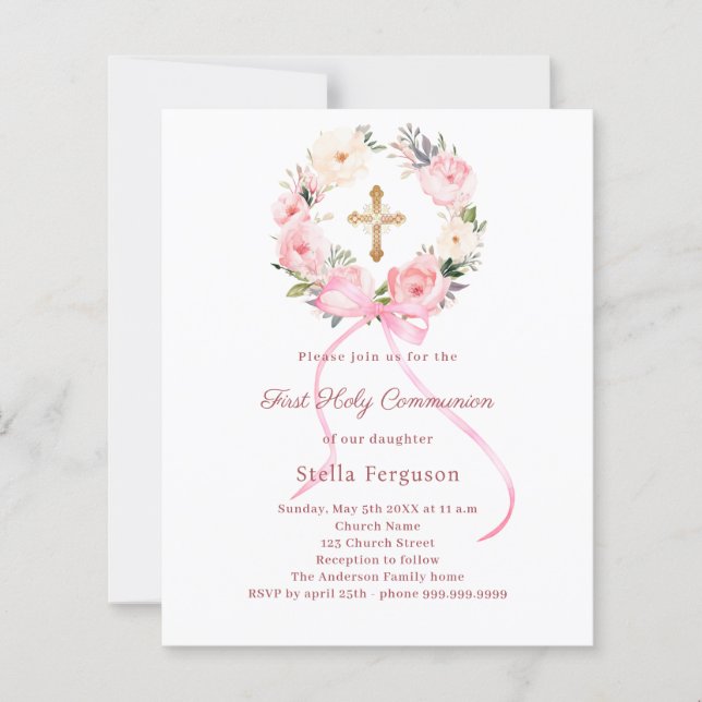 Blush pink florals bow First Communion invitation (Frente)