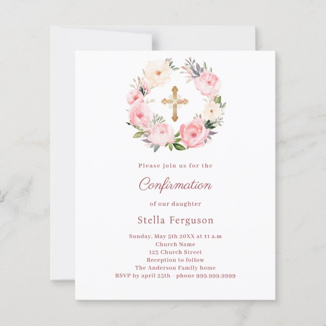 Blush pink florals cross Confirmation invitation (Frente)