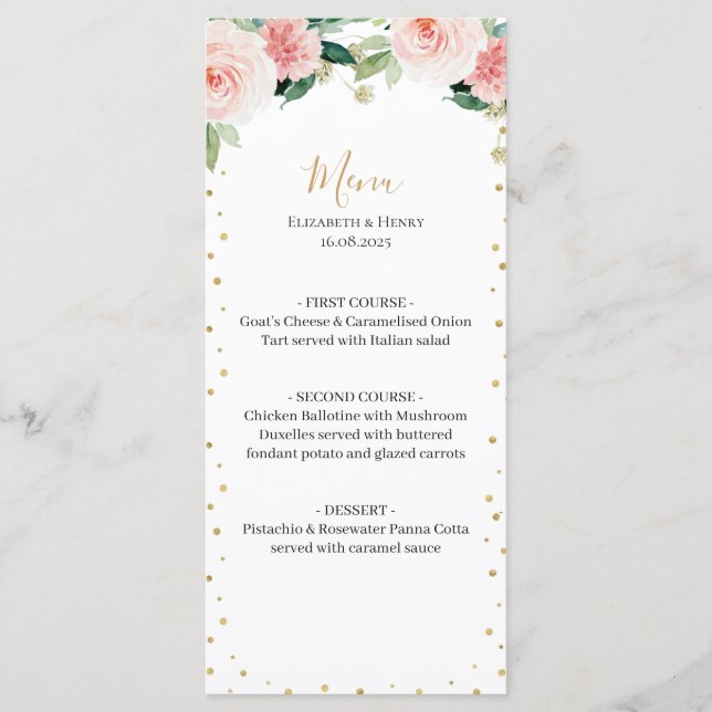 Blush pink gold peony floral elegant wedding menu (Frente)