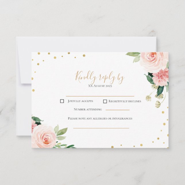 Blush pink gold peony floral wedding RSVP card (Frente)