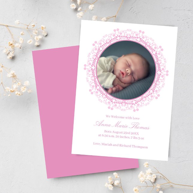 Blush Pink Newborn Photo Birth Announcement Card (Elegant pink mandala baby announcement with newborn photo shown on phone, soft script typography.)