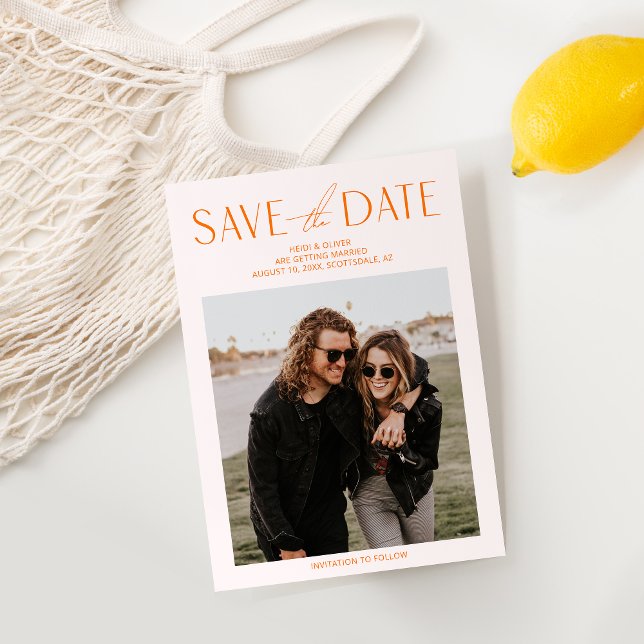 Blush Pink & Orange Photo Save the Date Card (Criador carregado)