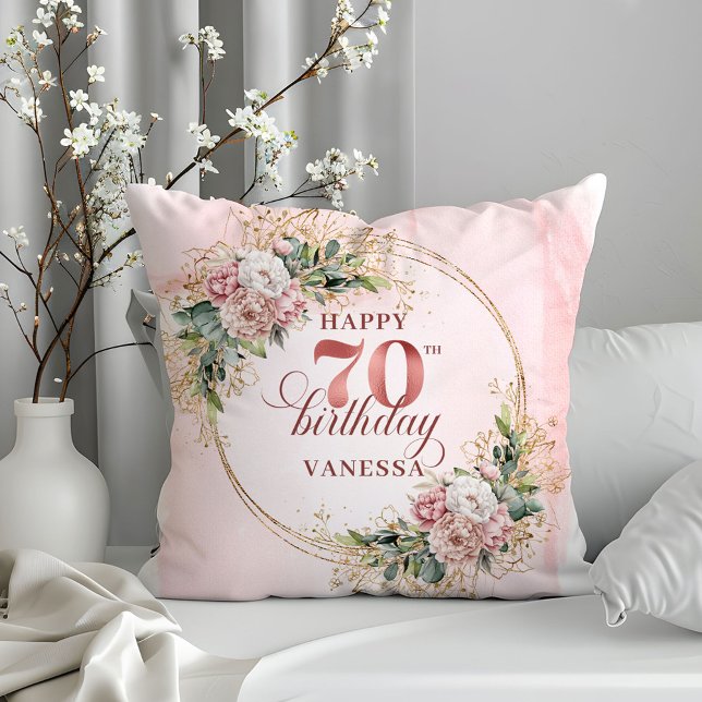 Blush Rosa Almofada de Aquarela com Moldura Dourad (Blush Pink Watercolor Pillow with Gold Frame 70th Birthday Pillow)