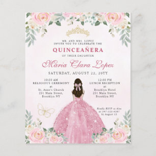 Blush Rosa Dourado Floral Princesa Quinceañera