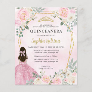 Blush Rosa Dourado Floral Princesa Quinceañera