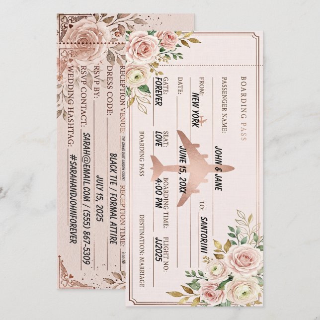 Blush Rosa e cartão de embarque Save the Date em R (Frente/Verso)