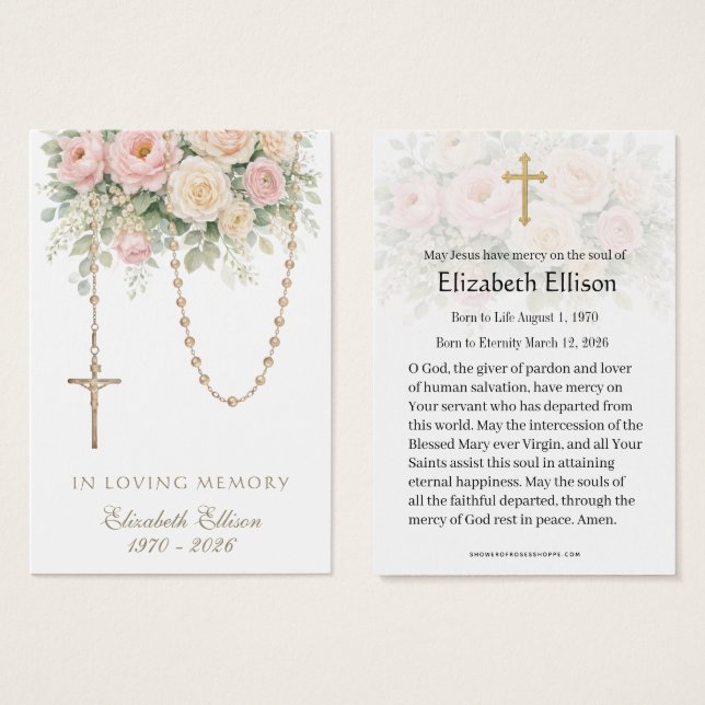 Blush Rose Rosary Draped Memorial Prayer (Frente & Verso)