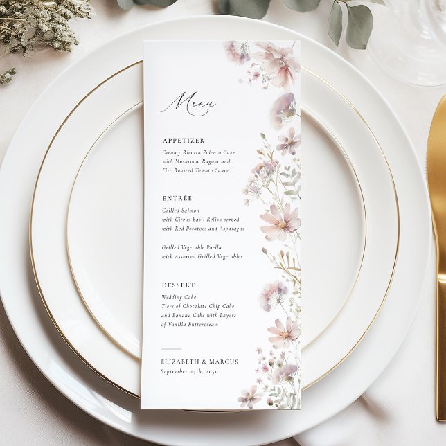 Blush Wildflower Boho Wedding Menu (Blush wildflower boho wedding menu with soft floral design, elegant typography, romantic table style)