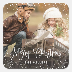 Boas festas etiqueta da foto da neve