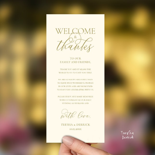 "Boas-vindas e Agradecimentos" Cartão de Recepção  ("Welcome and Thanks" Elegant Wedding Reception Guest Thank you Card in Yellow Gold)
