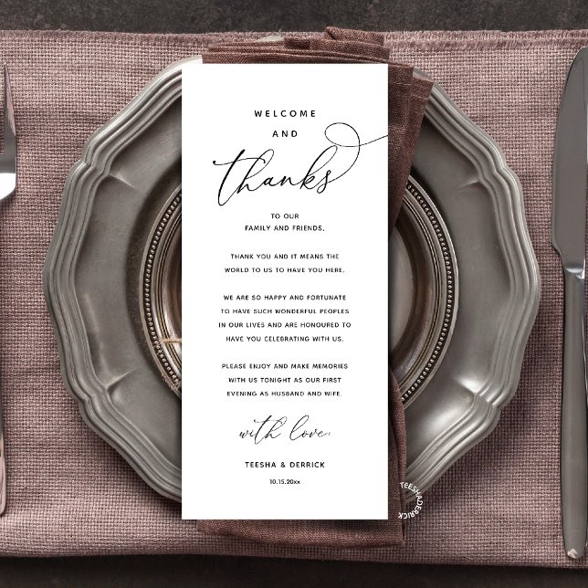 "Boas-vindas e Agradecimentos" Cartão de Recepção  (Elegant Modern Wedding Reception "Welcome and Thanks" Table Card for Guest in Black White)