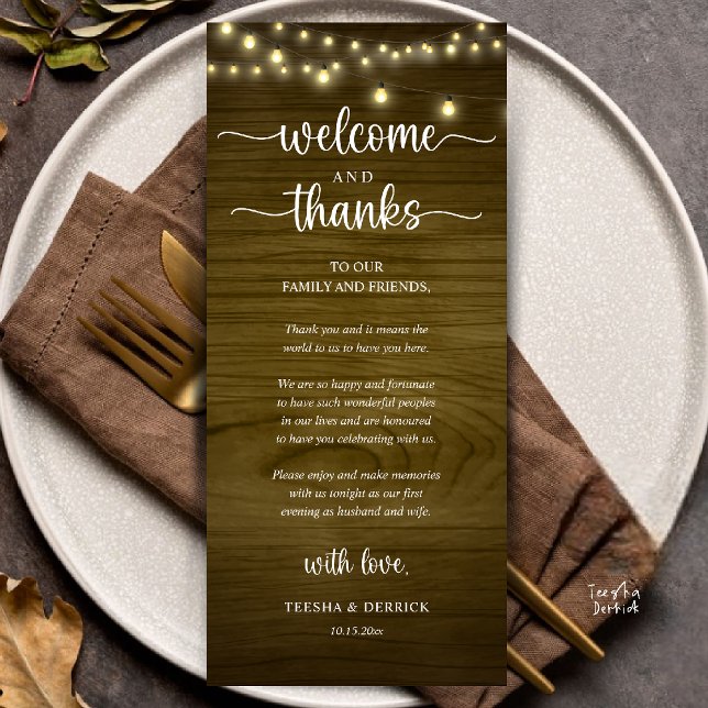 "Boas-vindas e Agradecimentos" Cartão de Recepção  ("Welcome and Thanks" Rustic Reception dinner Guest thank you Card in string lights brown wood)