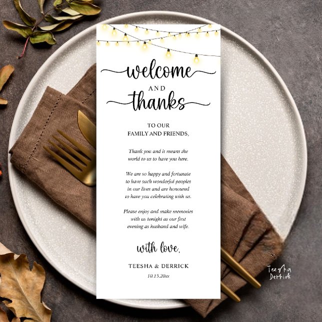 "Boas-vindas e Agradecimentos" Cartão de Recepção  ("Welcome and Thanks" Rustic Reception dinner Guest thank you Card in string lights black and white)