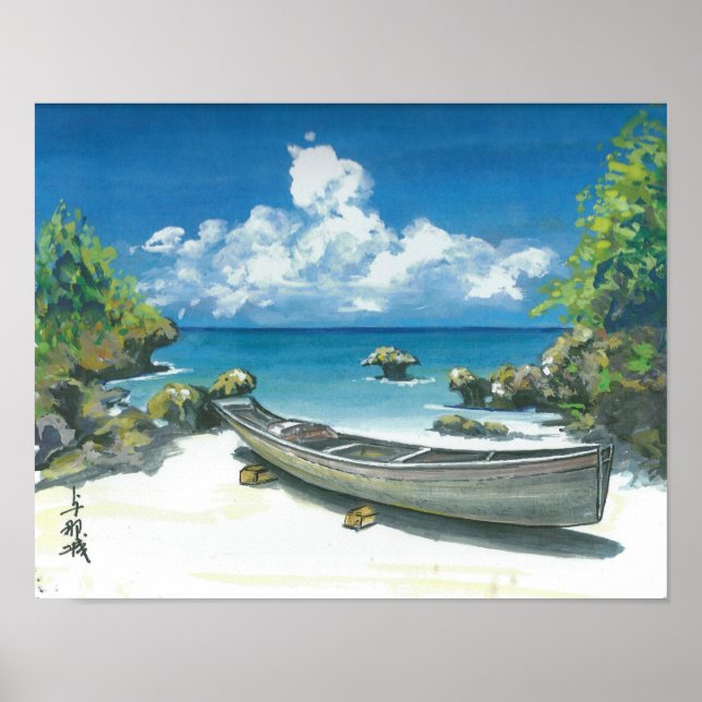 Boat on Okinawa Beach Painting Poster (Frente)
