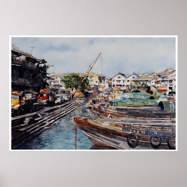 Boat Quay Cingapura - Impressão de Aquarela (Frente)