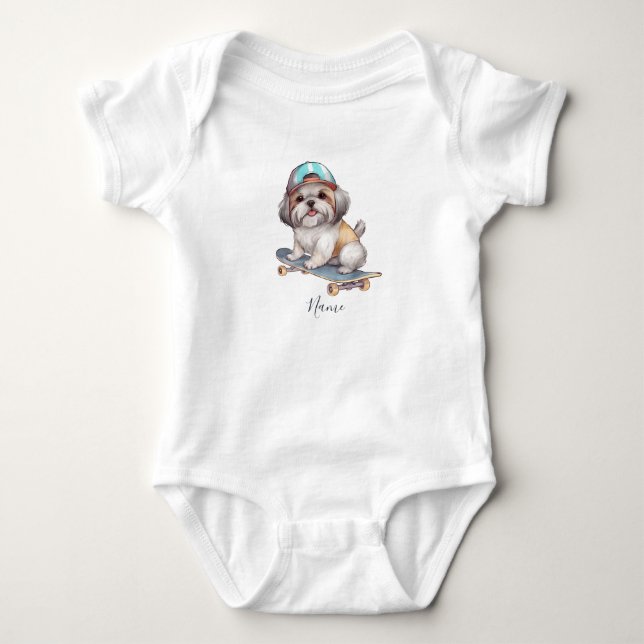 Body Bodysuit de Aguarela para Bebê Shih Tzu (Frente)