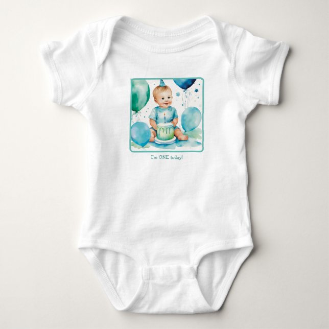 Body Para Bebê 1º Aniversário Personalizado Estilo Aquarela (Frente)