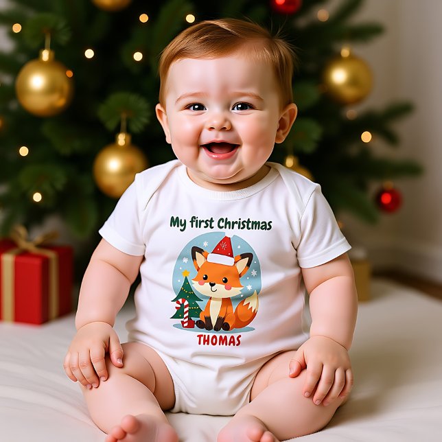 Body Para Bebê 🎄1º Natal, texto personalizado, Cachorrinho de Ca (1st Christmas, custom text, Candy Cane Cub Baby Bodysuit)