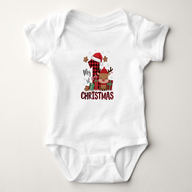 Body Para Bebê 1rua de Natal Santa Hat White Snow Reindeer (Frente)