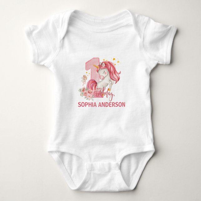 Body Para Bebê 1st Birthday Unicorn Pink Little Girl  (Frente)
