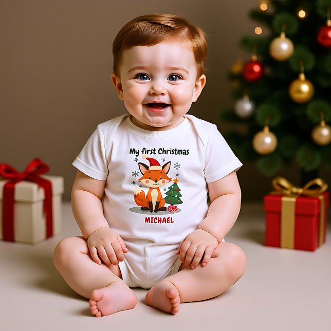 Body Para Bebê 🎄1st Christmas, custom text, Festive Fox Trot (1st Christmas, custom text, Festive Fox Trot Baby Bodysuit)