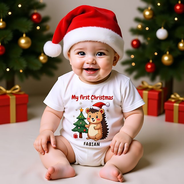 Body Para Bebê 🎄1st Christmas, custom text, Holly Jolly Hedge (🎄1st Christmas, custom text, Prickle Me Festive Baby Bodysuit)