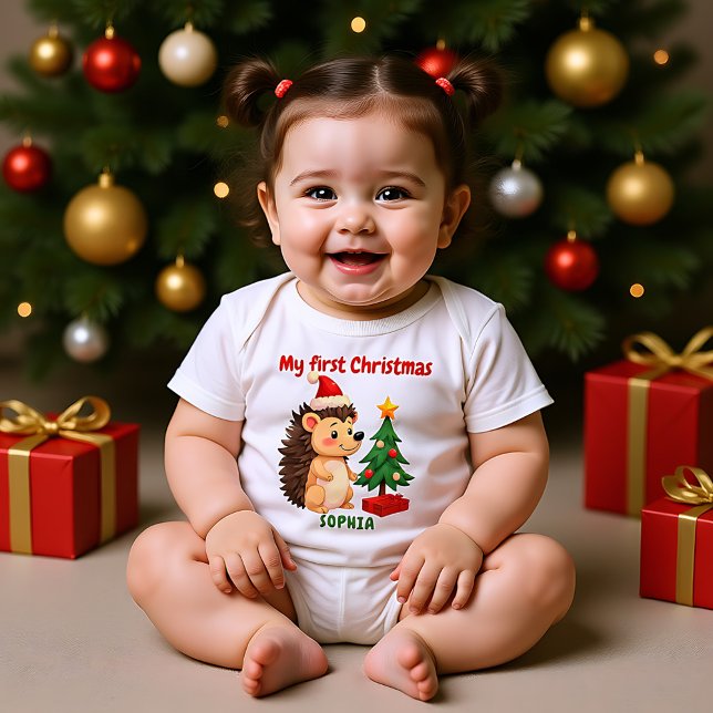 Body Para Bebê 🎄1st Christmas, custom text, Prickle Me Festive (🎄1st Christmas, custom text, Prickle Me Festive Baby Bodysuit)