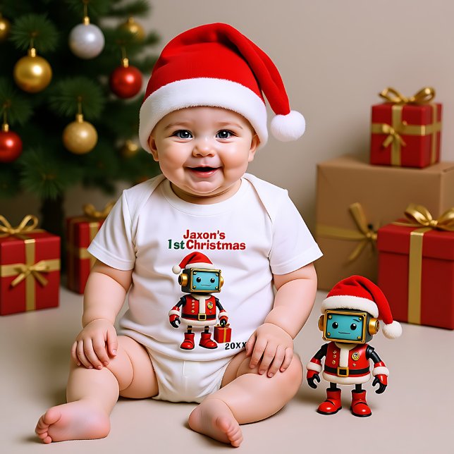 Body Para Bebê 🎄1st Christmas, custom text, Santa-Bot Sleighs (🎄1st Christmas, custom text, Santa-Bot Sleighs Baby Bodysuit)