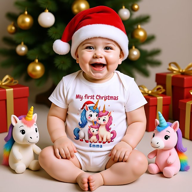 Body Para Bebê 🎄1st Christmas, custom text, Unicorns & Mistletoe (🎄1st Christmas, custom text, Unicorns & Mistletoe Baby Bodysuit)