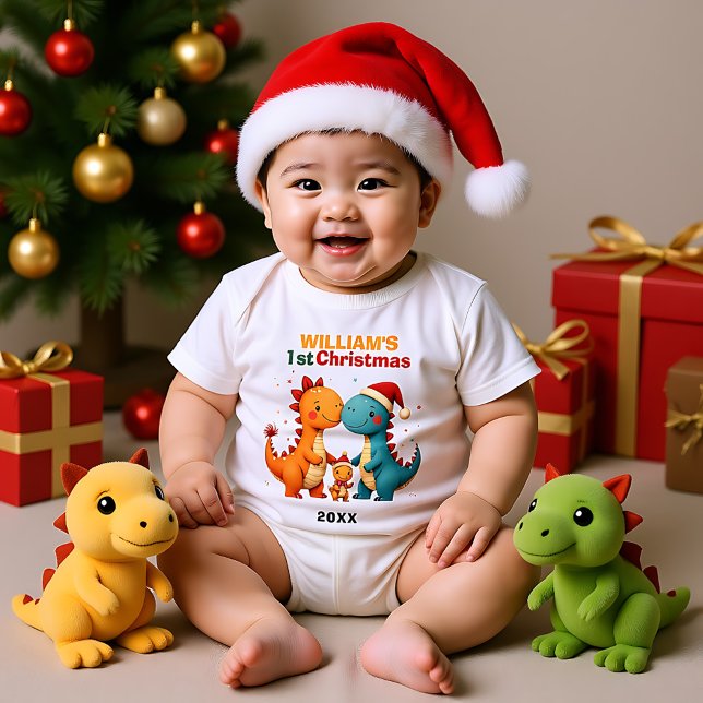 Body Para Bebê 1st Christmas, own text, Merry Hatchmas Trio (1st Christmas, own text, Merry Hatchmas Trio Baby Bodysuit)