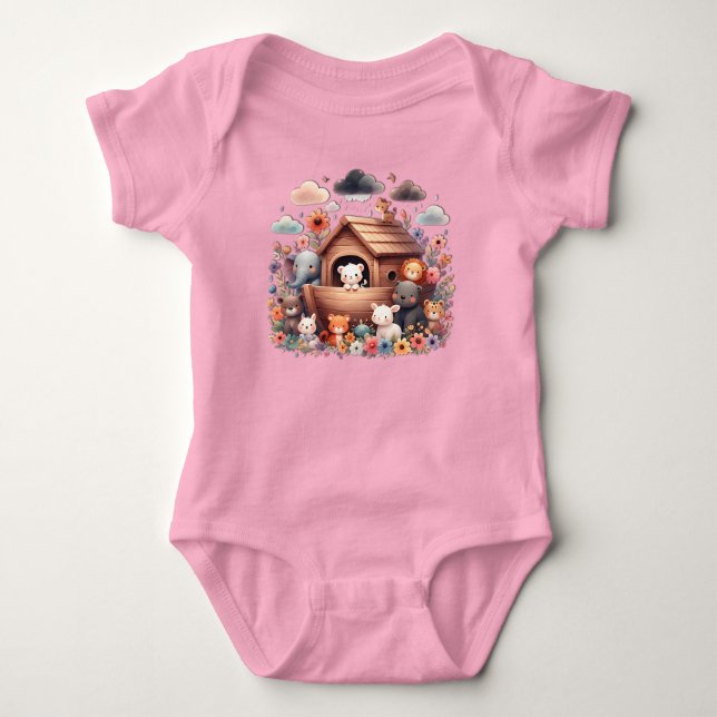 Body Para Bebê A Arca de Noé Com Animais Bebês (Frente)