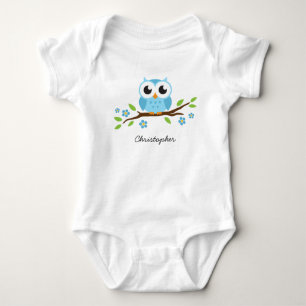 Body Para Bebê A coruja azul bonito no ramo floral personalizou o