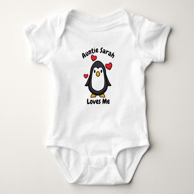 Body Para Bebê A tia personalizada me ama com o pinguim (Frente)