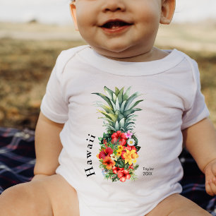 Body Para Bebê Abacaxi tropical do Havaí com flores, nome da famí