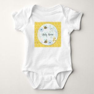 Body Para Bebê Abelhões de desenho em fundo azul, amarelo