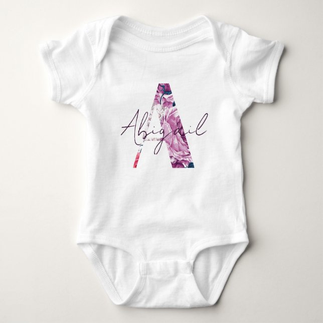 Body Para Bebê Abigail Baby Name Flower Script Bonito Girl Floral (Frente)