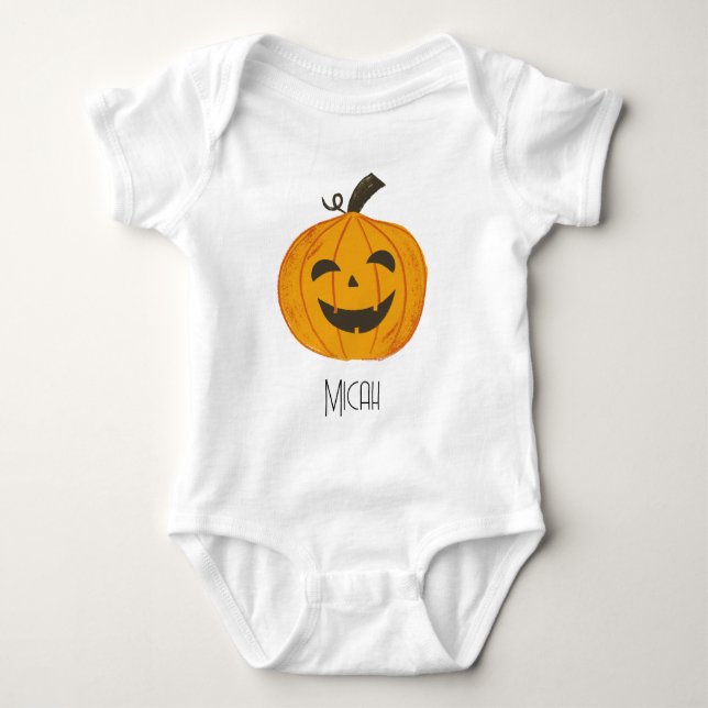 Body Para Bebê Abóbora de Monograma de Nome Jack-O-Lantern (Frente)