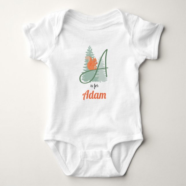 Body Para Bebê Adam Name Reveal - Letra A Woodland Boy Squirrel (Frente)