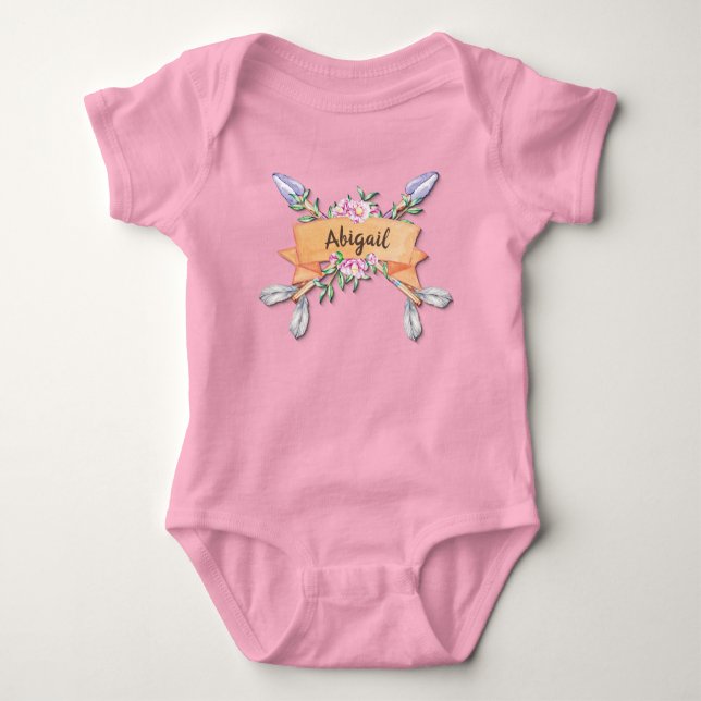 Body Para Bebê Adicionar Nome Pastel Boho Flower Arrows Rosa (Frente)