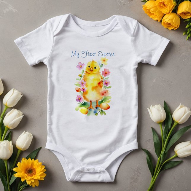 Body Para Bebê Adorável Primeiro Páscoa Frango Aquarela Primavera (Adorable baby's first Easter with cute chick flowers and eggs Spring outfit for sweet photoshoot)
