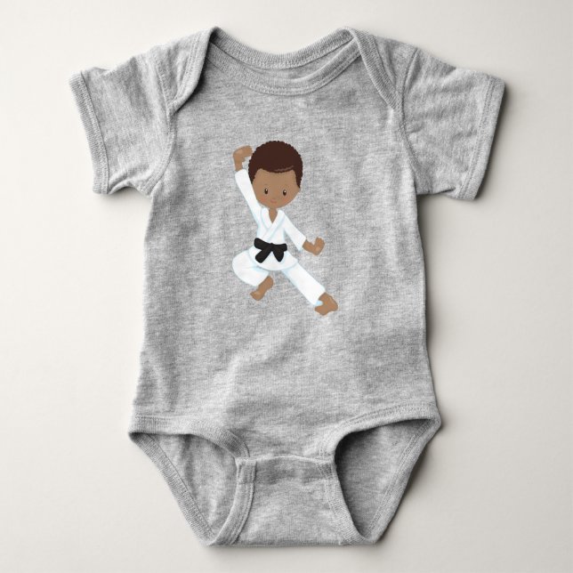 Body Para Bebê African American Boy, Karate Boy, Kata, Black Belt (Frente)