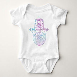 Body Para Bebê Aguarela roxa e azul da mão de Hamsa