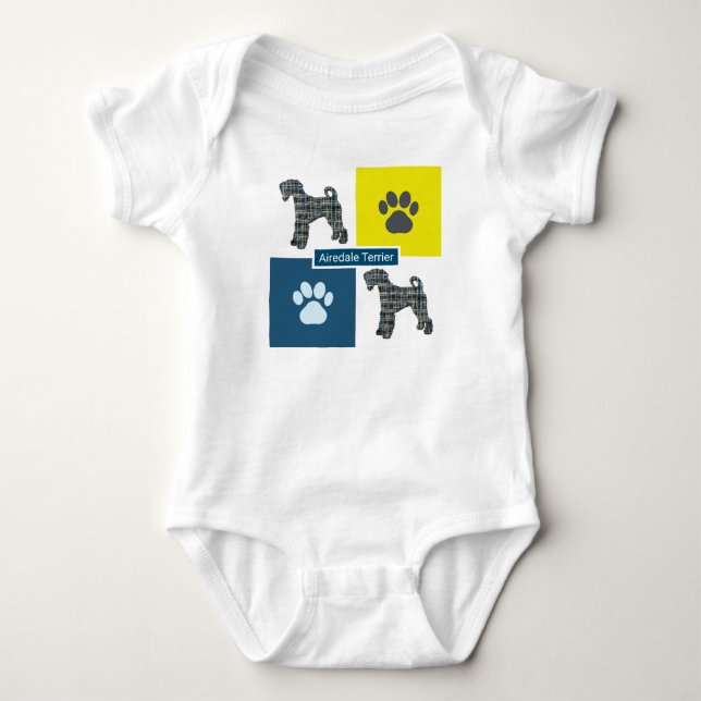 Body Para Bebê Airedale Terrier Cachorro e pata Amarelo e azul (Frente)