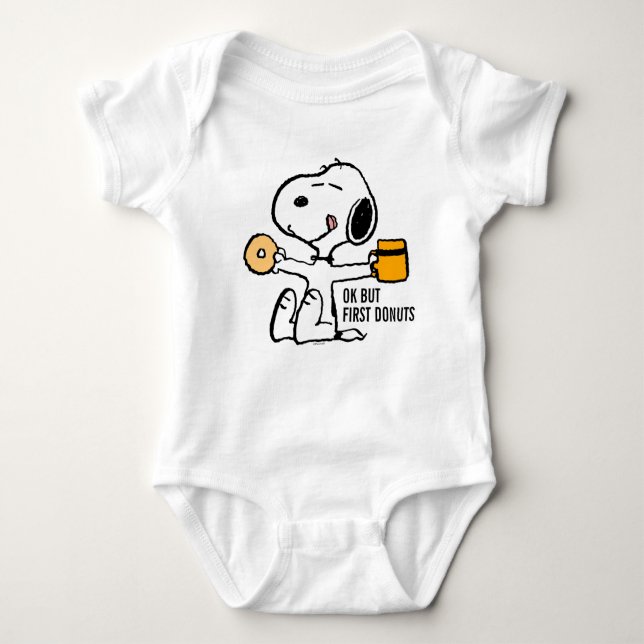 Body Para Bebê Amendoins | Snoopy OK Mas Primeiro Café (Frente)