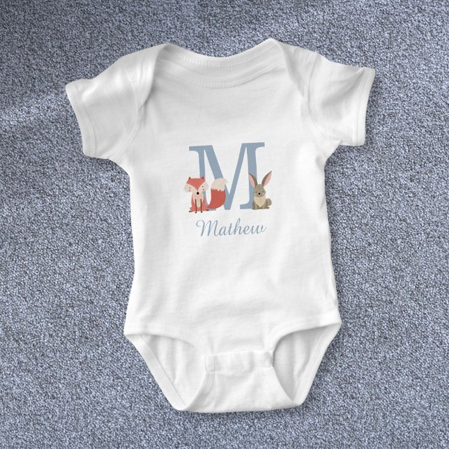 Body Para Bebê Animais da Floresta Blue Baby Boy Monograma Inicia (Woodland Animals Blue Baby Boy Initial Monogram Baby Bodysuit)